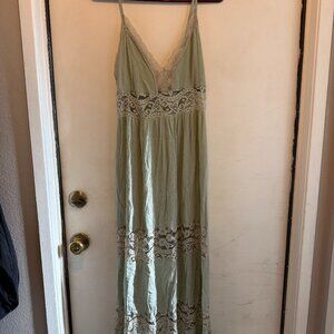 1X Long Light Green Embroidered Ruffle Hem Maxi Tank Sundress Rue+